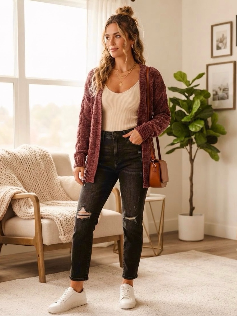 Pink Rose Vintage Chenille Cable Knit Open Front Cardigan Mauve Burgundy Size S